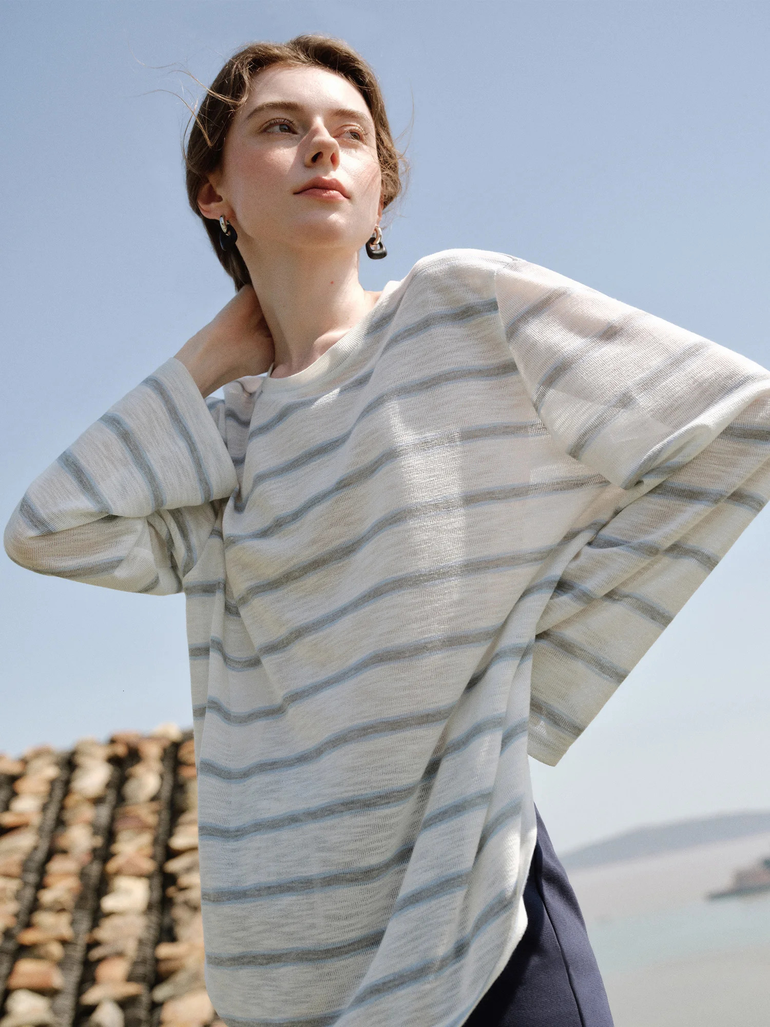 FSLE Fashion Loose Casual Striped Longsleeved Tshirt for Women Summer Arrival Vacation Style Pullover Top 25FS12440 250729