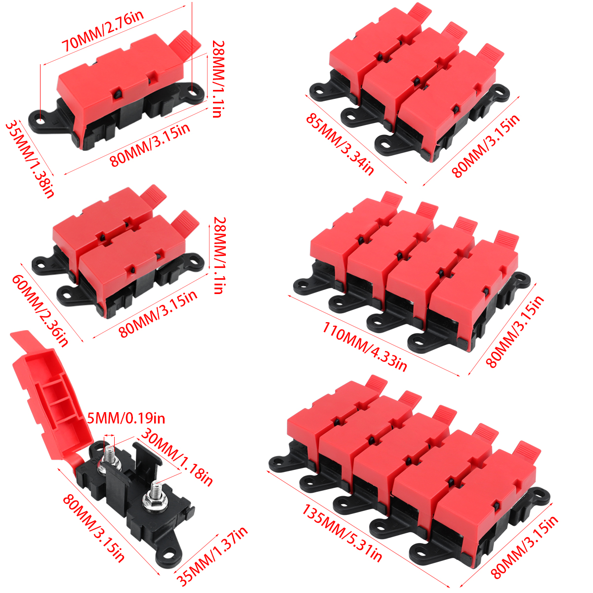 Universal High Ampacity BDFS 1-7 Position Fuse Panel w/ Multi-Amp Fuses Fits Vehicles and Mobile Systems