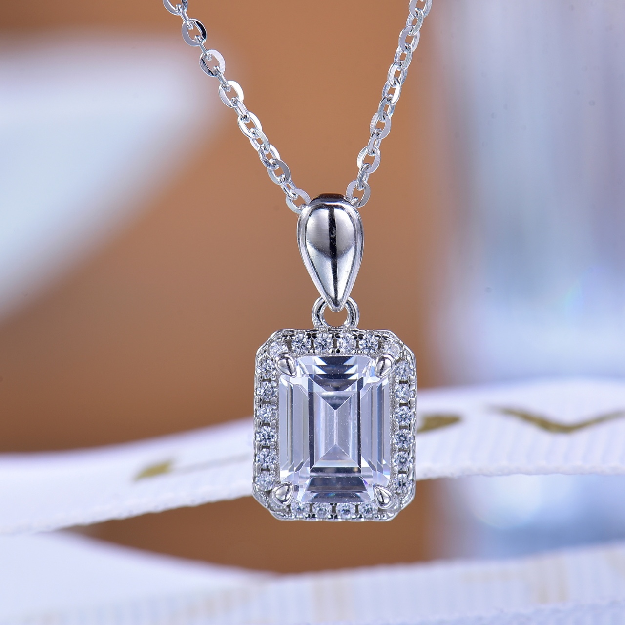 Elegant Micro-Pave Emerald-Cut Moissanite Pendant - Sparkling Gem with Graceful Design, Ideal Gift for Women, Symbol of Sophistication