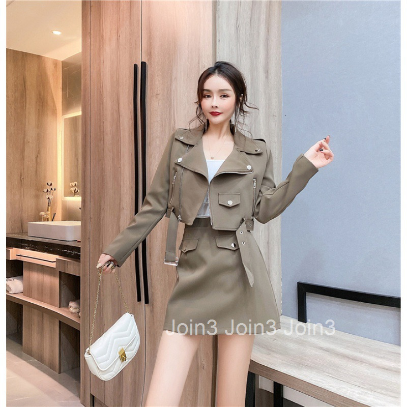Autumn Winter New Sweet Spicy Fashionable Stylish Motorcycle Style Slim Long Sleeve Trench Coat Short Jacket Half Skirt Set for Women
