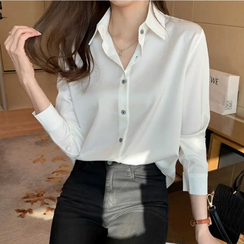 Satin Shirt Women 2023 OL Fashion Long Sleeve Blouse Woman Casual Shirts White Womens Tops Solid Basic and Blouses 250724