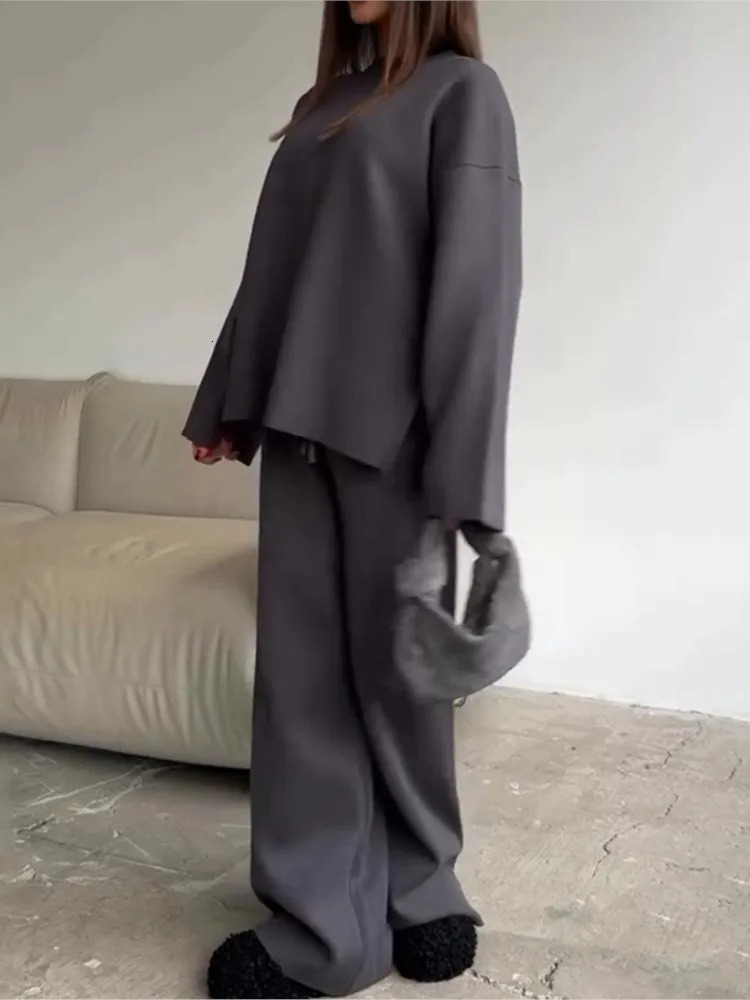 Solid Color Knitted Sweater Two Piece Set Women Fashion Loose O Neck Knitting Pullover Trousers Sets Female Simple Style 250729