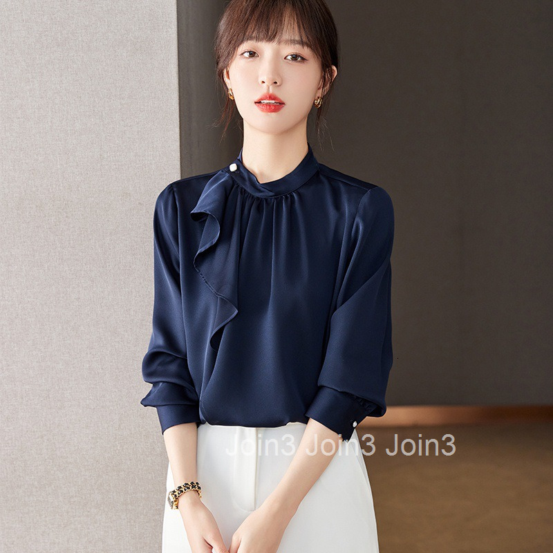 Autumn New Plus Size Womens Navy Blue Elegant Ruffled Long Sleeve Shirt Womens Blouse Top