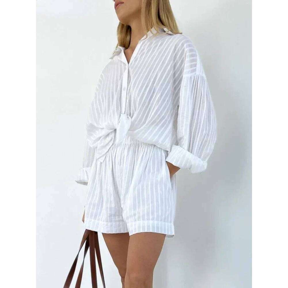 Wolfeel Casual Sets Striped Jacquard 2 Pieces Cozy Lapel Lantern Sleeve Shirt Summer Outfit Elastic Waist Shorts Suits