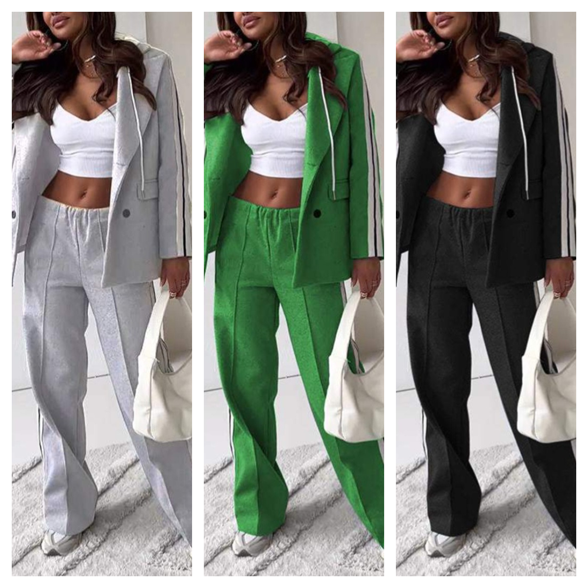 Elegant Women Pants Suit and Long Sleeve Blazer Matching Set OL Streetwear Two 2 Piece Set Winter Ribbon Outfits
