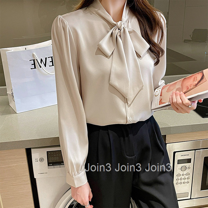 Spring and Autumn Socialite Satin Bowknot Shirt Womens Base Layer Niche Professional Elegant Top Blouse Women