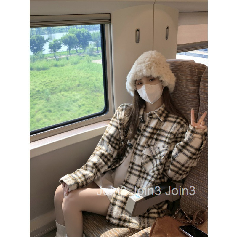 Autumn Winter Korean Style Turn-down Collar Single-breasted Loose Plaid Long Sleeve Wool Coat Mid-length Jacket for Women