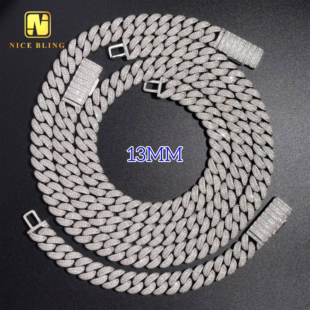 Round Moissanite Cuban Link Chain 13MM Baguette Diamond Cuban Necklace 925 Silver Hip Hop Iced Out Cuban Chains