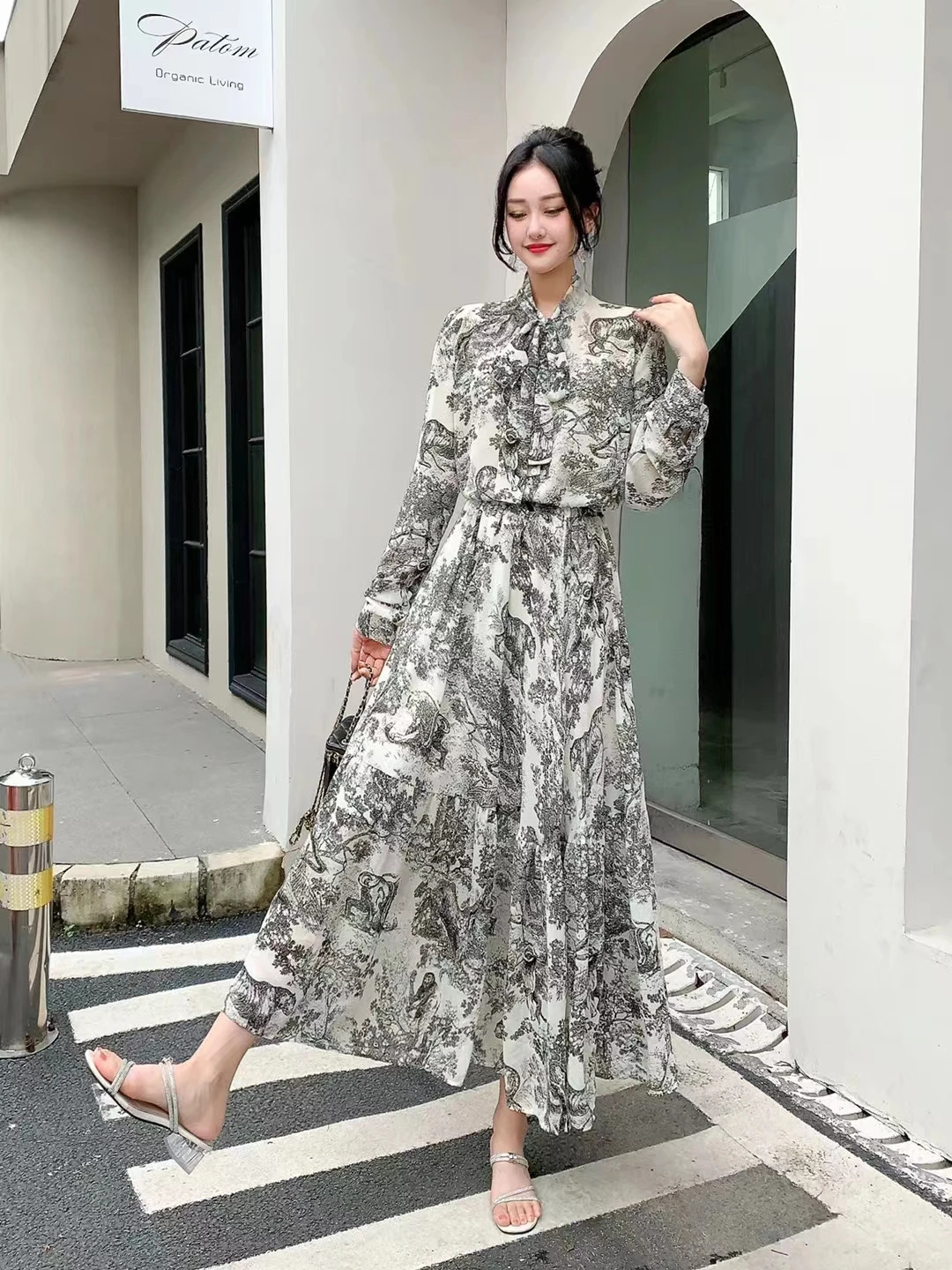 Spring Autumn Women Vintage Print Skirt Suits Loose Long Sleeve Chiffon Shirt And High Waist Long Skirt Two Piece Set 250728