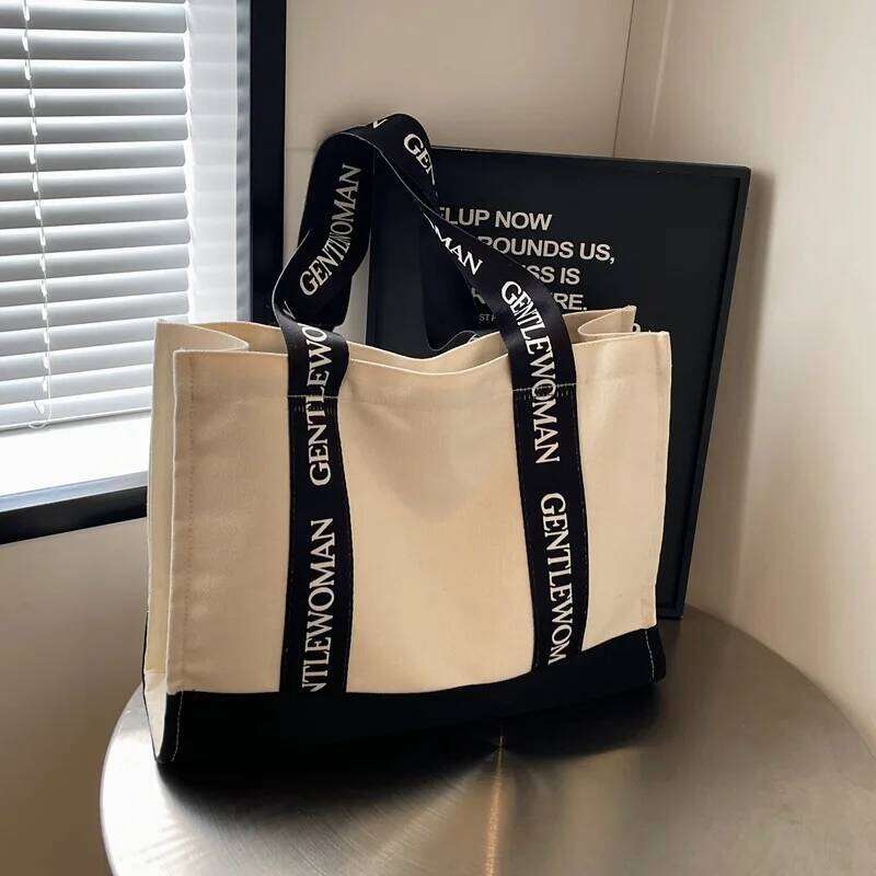 Canvas Tote Women Letter Print Shoulder Bag Stylish Colorblock Work Purse Fashion Office Commute Handbag