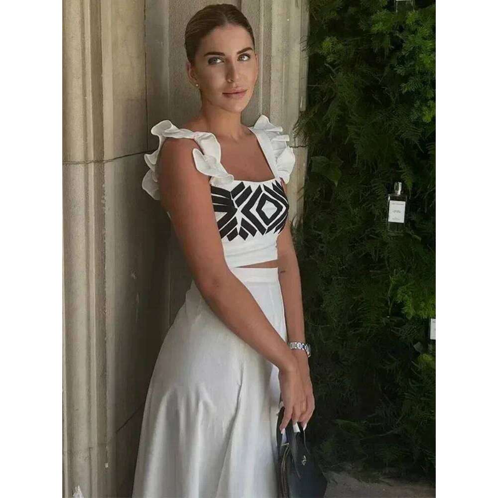 New Causal Two Piece Summer Plaid Fly Sleeve Crop Tops Print Skirt Dress Sets Holiday Elegant Women Outfits