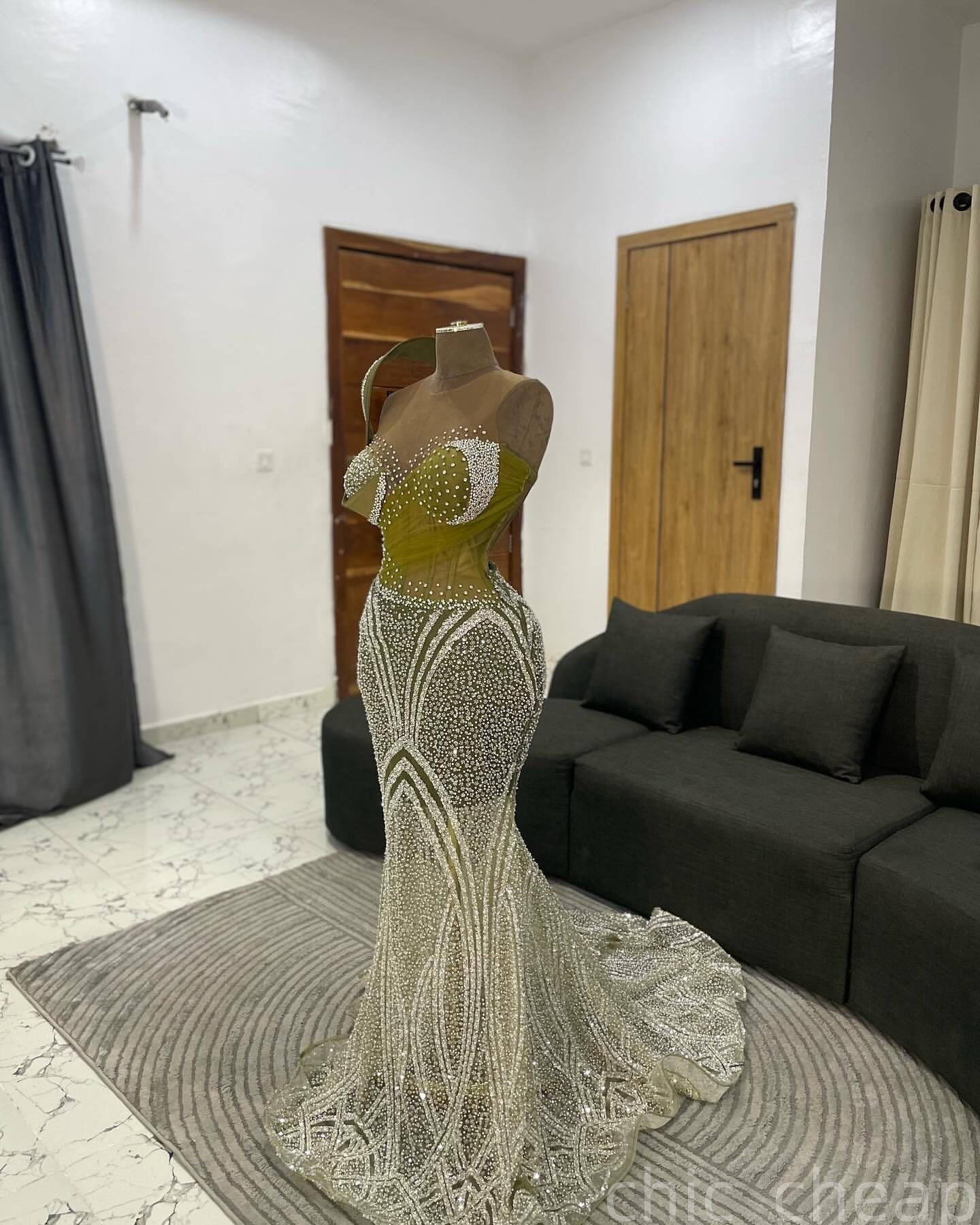 Mermaid Olive Green Prom Dresses 2025 Beaded Crystals Sheer Neck Evening Formal Party Second Birthday Engagement Gowns Plus Size Dress For Special Occ