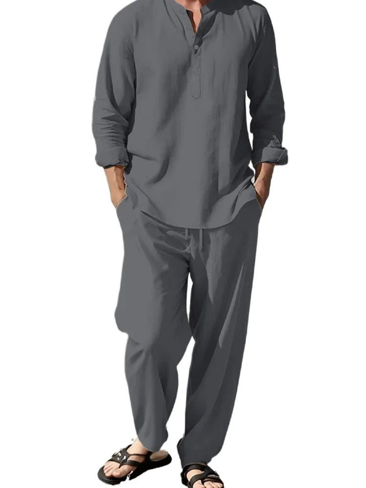 2pcs Shirt Pants Set Longsleeved Henry Trousers Suit Sense of Texture Vacation Light Breathable Draped Mens Clothing 250729