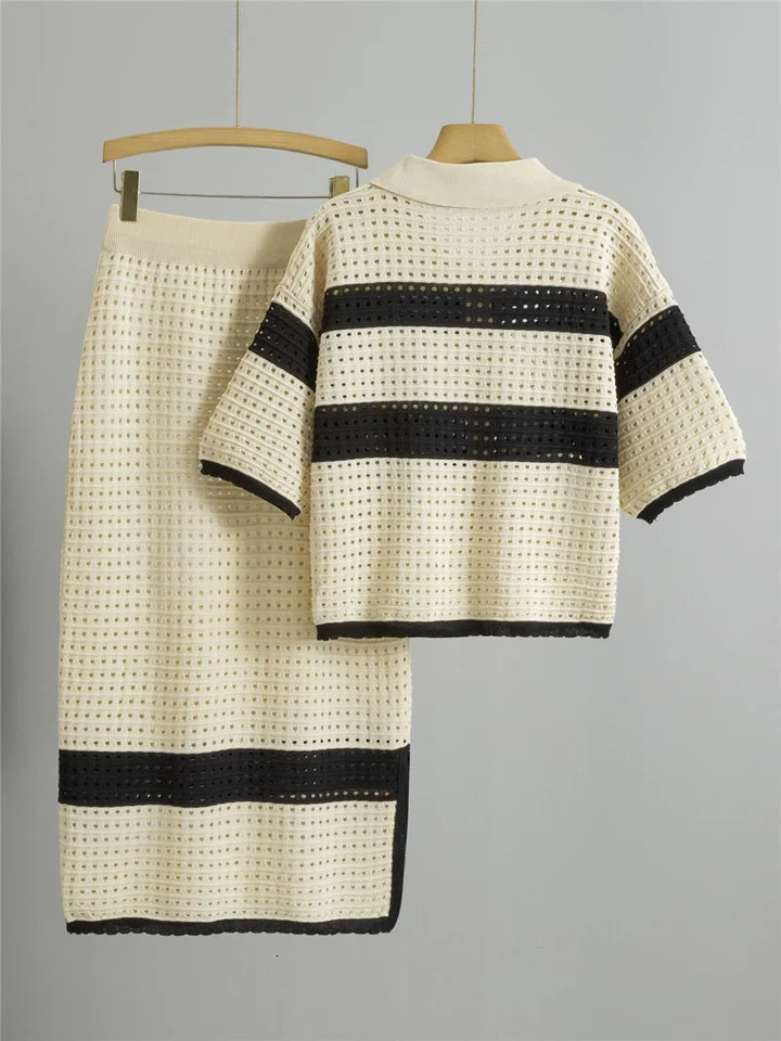 Hollow Out n 2 Piece Sets Women Lapel Neck Knitted Short Sleeve Tops Cardigan High Waist Straight Skirts Outfit 250729