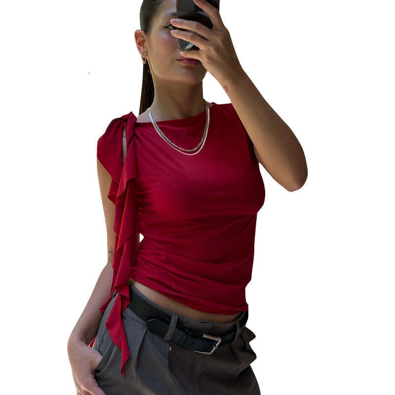 Ytp045 Women's Spring And Summer New Solid Color Sleeveless Ruffled Tassel Vest Top T-Shirt B5