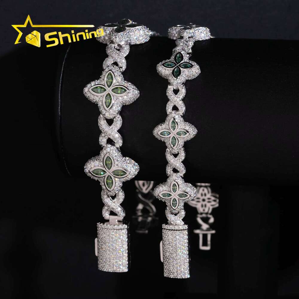 Rapper Hip Hop Jewelry 15mm 18mm Green Clover Cuban Custom Sier Iced Out Infinity Moissanite Bracelet