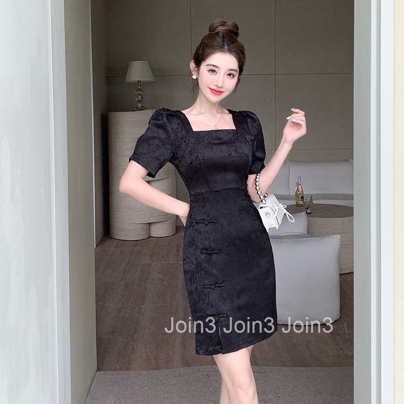 Summer New Womens Socialite Square Neck Waist-Cinching Slimming Elegant Bodycon Short Dress Short Sleeve Sexy Dress