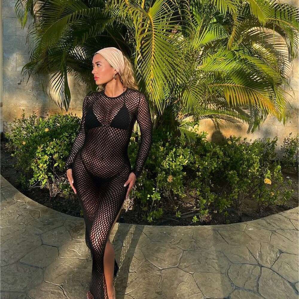 Spring/Summer New Women's Sexy Hollow Out Sheer Vacation Solid Color Backless Knitted Long Dress B5