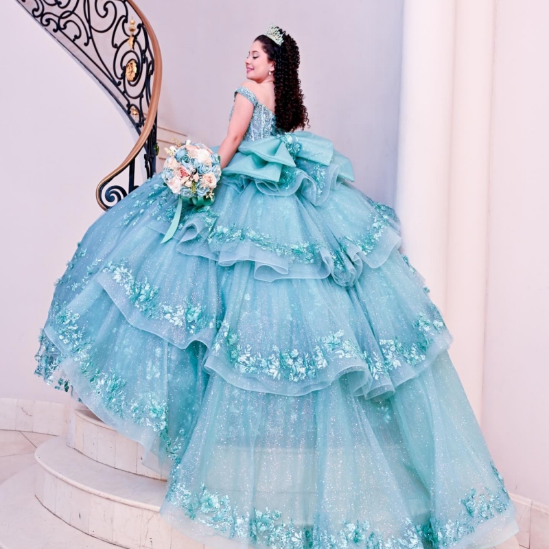 Water Blue Shiny Quinceanera Dresses Off The Shoulder Sequin Appliques Flower Beading Tull Ball Gown Lace Up Vestidos De 15 Anos Sweet 16 Dress