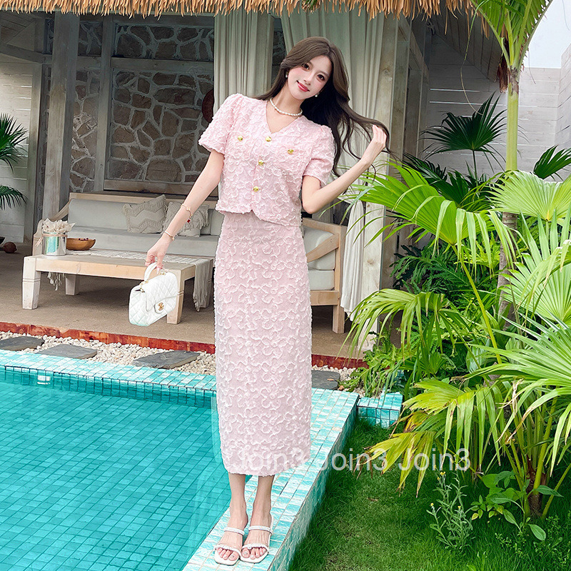 Summer Socialite New Fashion V-Neck Single-Breasted Short Sleeve Top Short + Bodycon Back Slit Long Skirt Set for Women