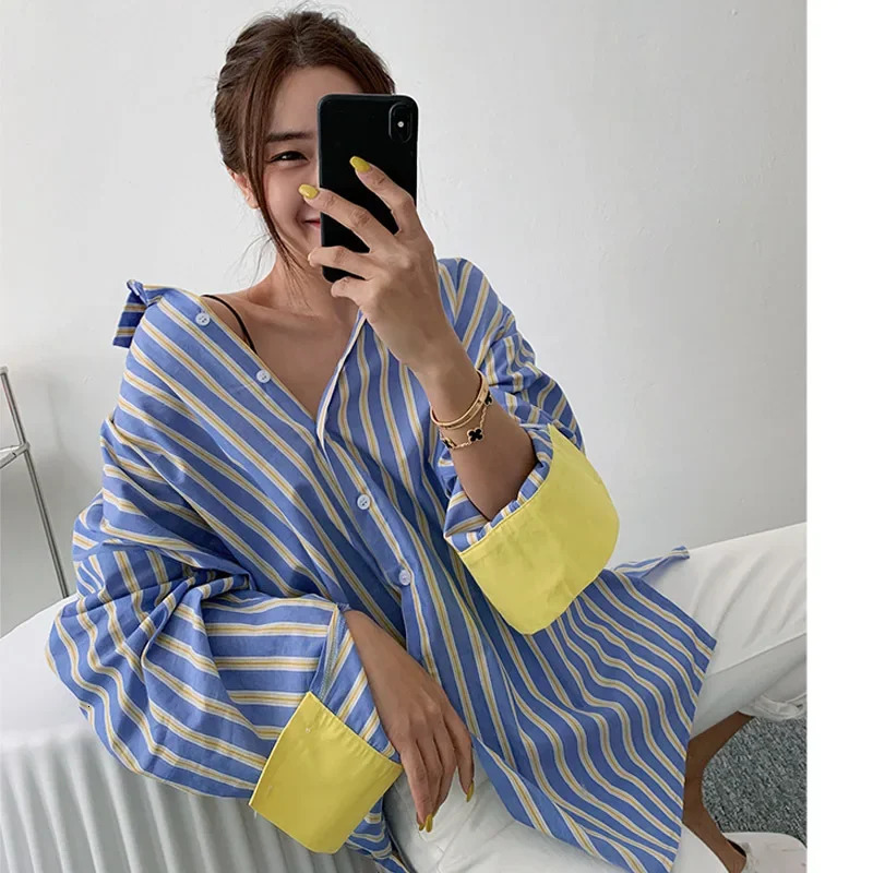 Spring Autumn Womens Fashion Color Blocking Striped Shirt Korean Style Loose Fit Slimming MediumLength Base Casual T 250729