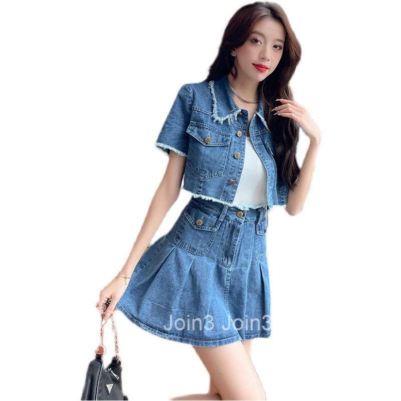 Summer New Womens Internet Celebrity Turn-Down Collar Single-Breasted Short Sleeve Top Waist-Cinching Pleated Denim Short Skirt Set