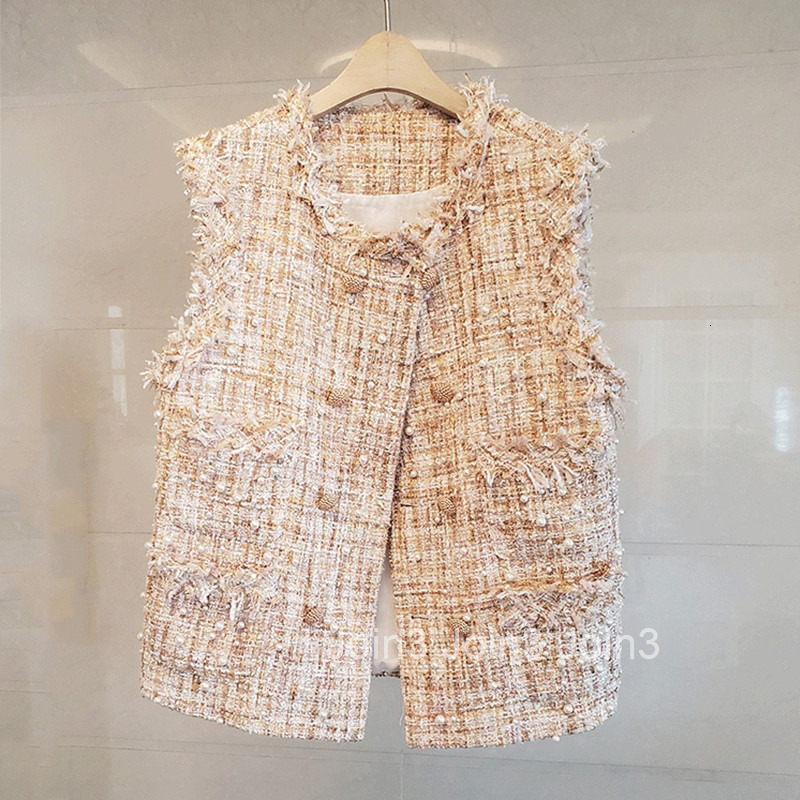 Autumn New Heavy Tweed Small Fragrant Milk Vest Coat Womens Trendy Nail Bead Fur Edge Temperament Double breasted Outer