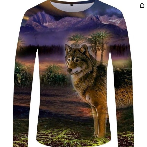 Fashionable mens 3D printed animal wolf long sleeved T-shirt mens round neck top personalized t-shirt mens trend