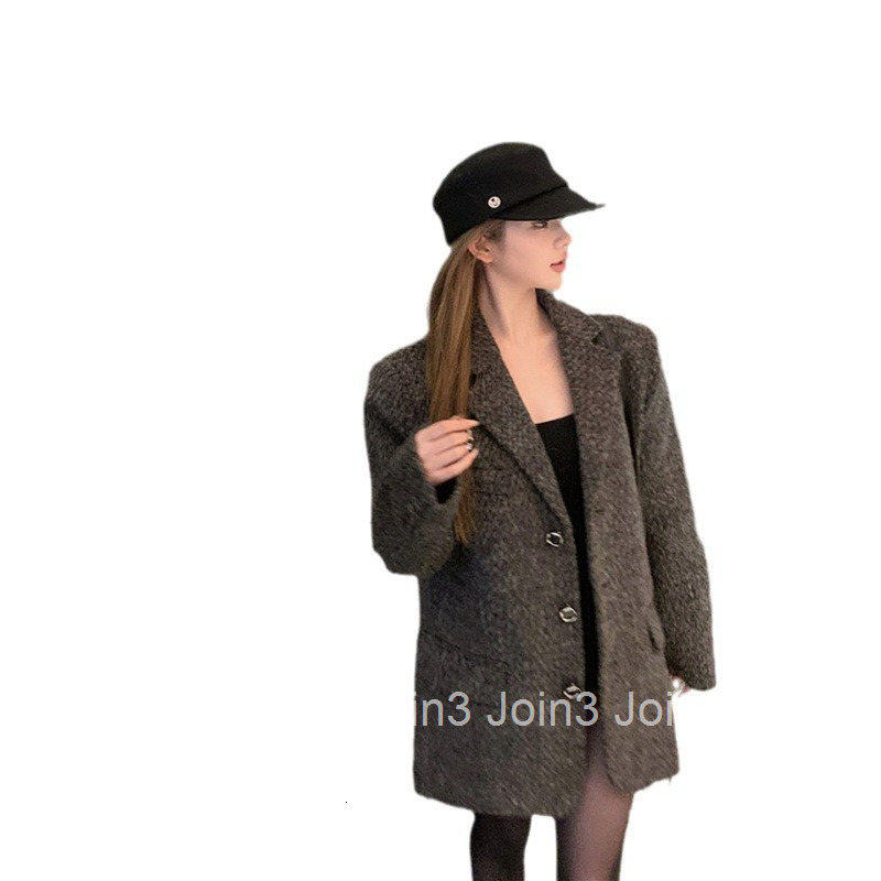 Autumn Winter Fashion Socialite Style Quilted Thick Long Sleeve Woolen Blazer Womens Mid-Length Woolen Coat