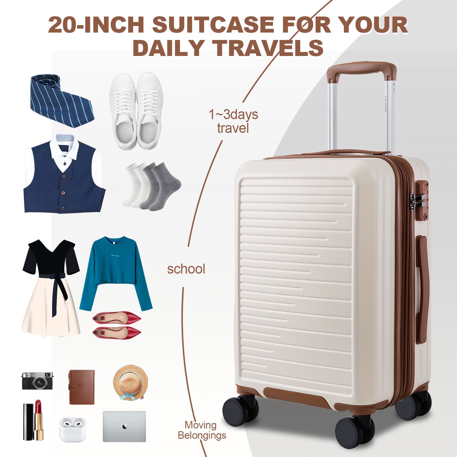 20" White and Black Expandable Carry-On PC Luggage Set Business Luggage Travel Suitcase maleta koffer with TSA lock with Duffle bag