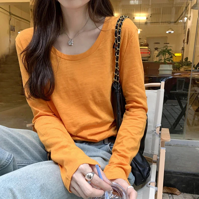 Womens Spring Summer 100% Cotton Basic Solid Long Sleeve Loose Tshirt Bottoming Tops Shirts 250729