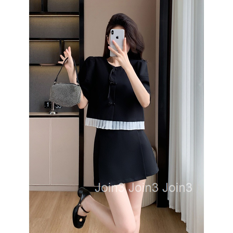 Summer New Style Socialite Round Neck Button Short Sleeve Blouse Top + A-Line Short Skirt Two-Piece Set for Women