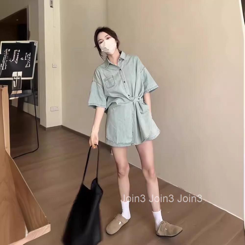 Summer Shorts Set for Women Fashion New Loose Casual Denim Half-Sleeve Top Shirt + Wide-Leg Shorts Two-Piece