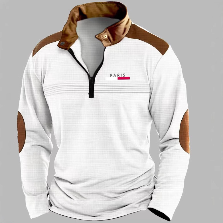 Spring and Autumn Fashion Mens Printed Polo Shirt Mens Zipper Wrinkled Long Sleeve Casual Sweatshirt