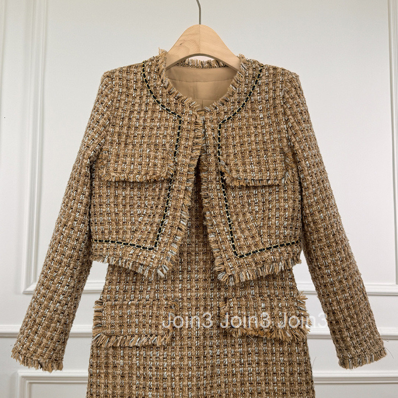 Winter New Womens French Style Tweed Two-Piece Set Slim Fit Camisole Dress Short Coat Set