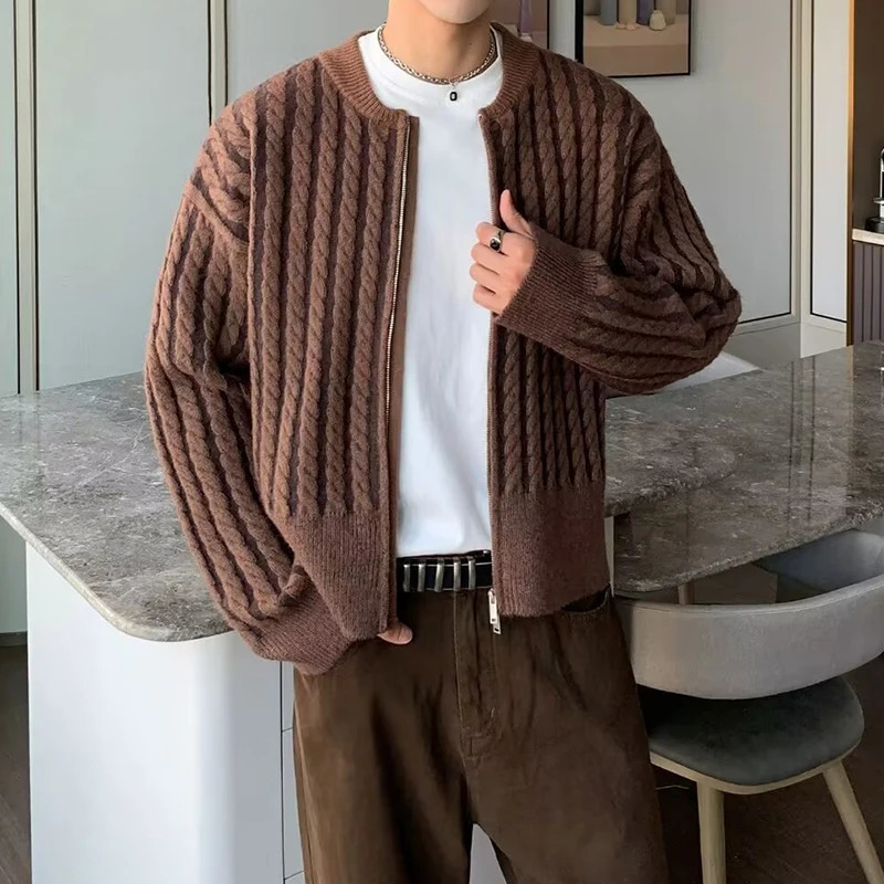 Trendy Twist Crochet Knitting Sweater Coats Men Autumn Fashion Slim Knit Cardigan Tops Mens Casual O Neck Zipup Jackets 250729