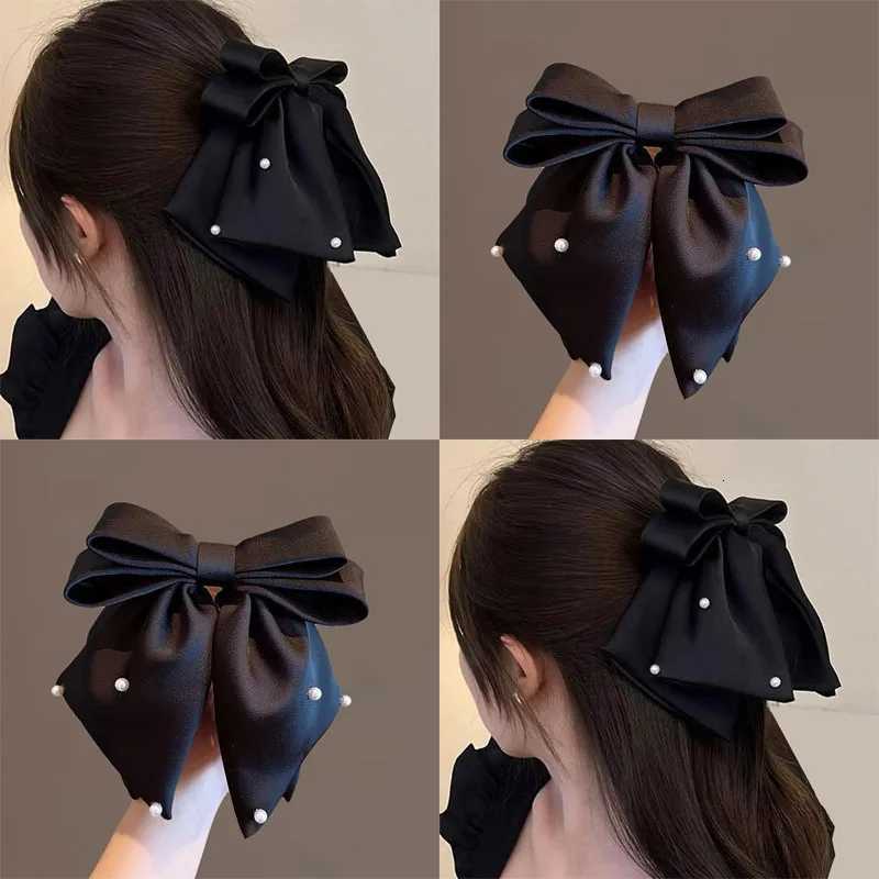 New Women Girls Sweet Pearl Satin Bowknot Hair Clip Simple Big Ribbon Bow Barrette Solid Color Scarf Hairpin Ponytail Clip Z250729
