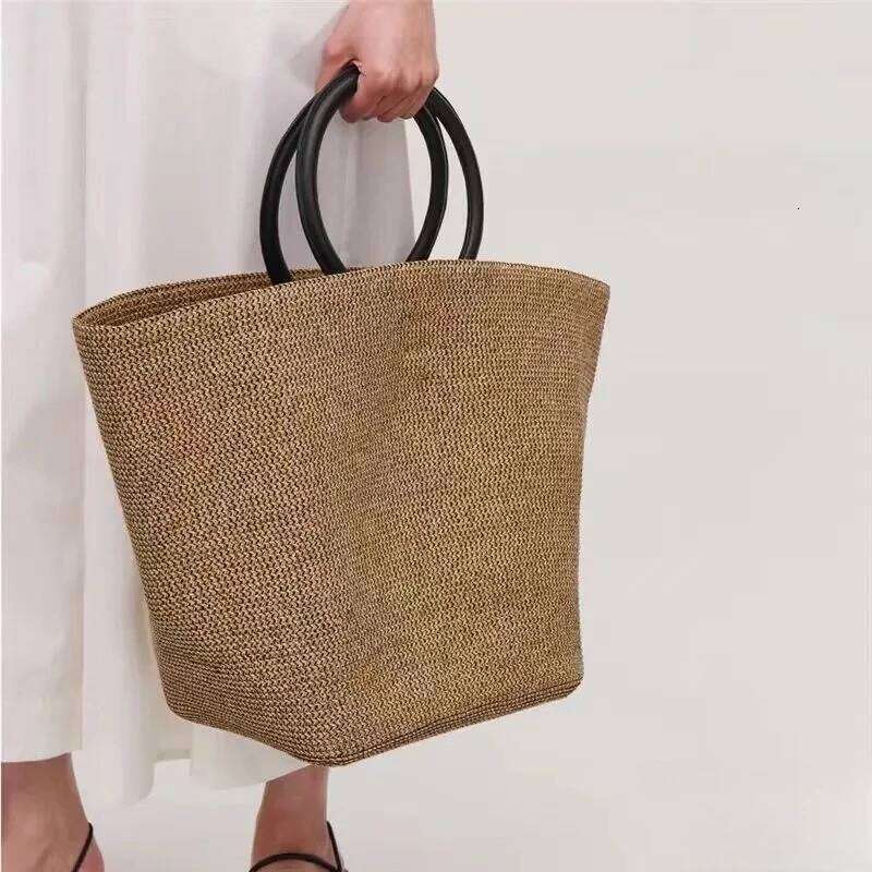 Women's Bags Designer Women's Bags Designer Lazy One-Click Closure Portable Bucket Bag, Straw Woven Handbag, Large Capacity, Simple Beach Va