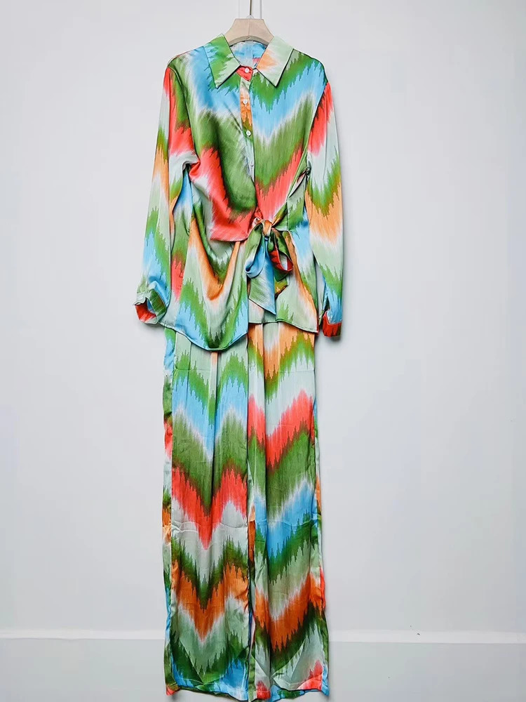 Spring Womens Retro Geometric Print LaceUp Waist Long Sleeve Shirt TwoPiece Set Elastic Loose Wide Leg Pants Set 250729