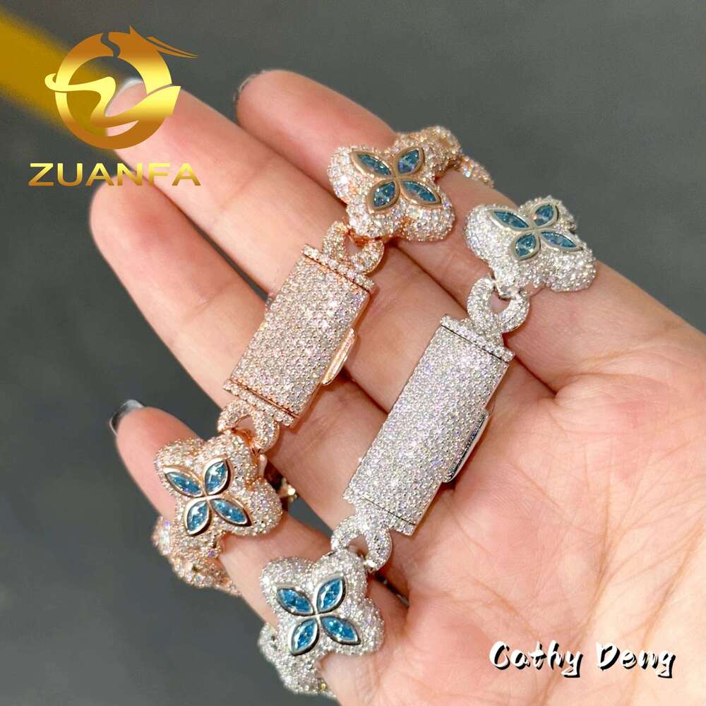 Fashion Rapper Jewelry Blue Iced Out Men Cuban Sterling Sier Moissanite Bracelet Pass Dia Tester