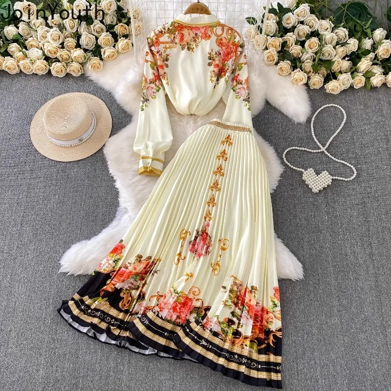 Skirt Outfits Floral Two Piece Sets Women Clothing Long Sleeve Single Breasted Blouses High Waist Pleated Skirts Suit Summer Set 250728