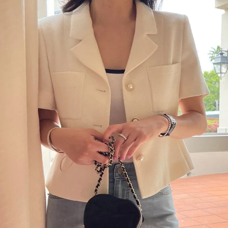 Komiyama Notched Collar Tweed Jackets Exquisite Singlebreasted Womens Jacket Shortsleeved Summer Spring Coats 250729