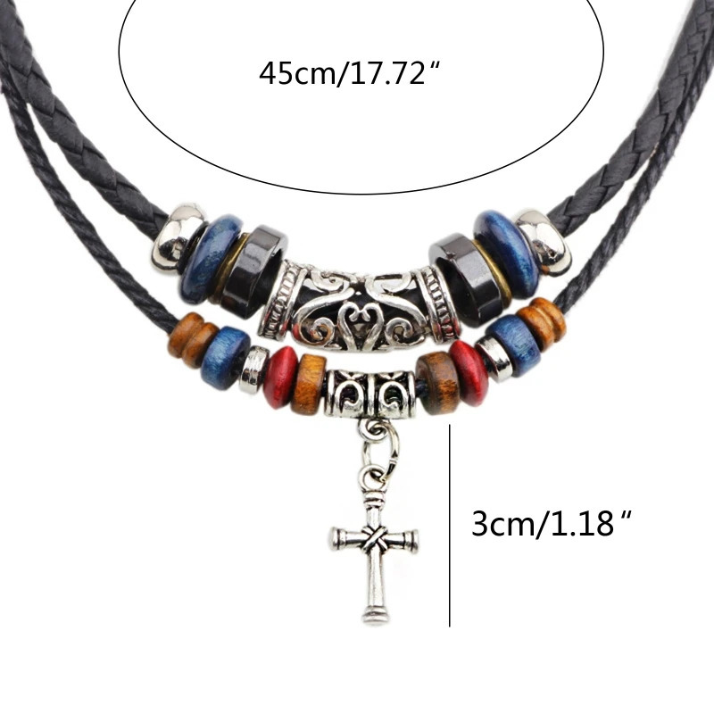 Vintage Tribal Style Boho Leather Necklace Hipppie Double Layered Braided Beaded Cross Pendant Dog Tooth Necklace Jewelry Gift 250729