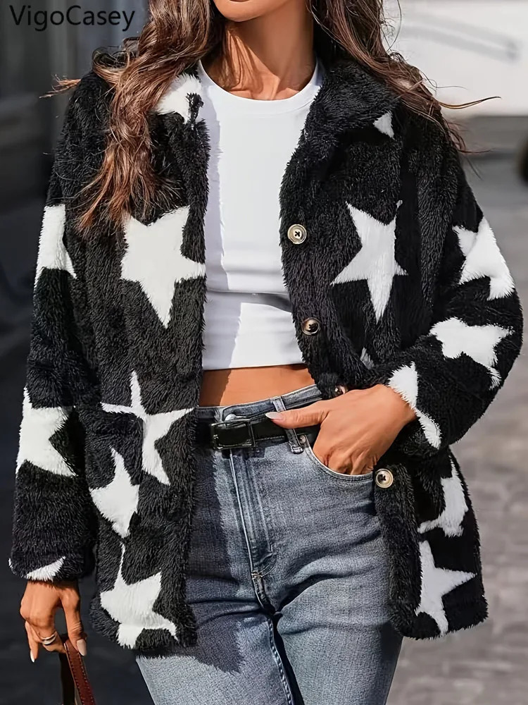 Autumn Print Long Sleeve Jacket Women Thick Plush Warm Single Breasted Coat Soft Winter Loose Cardigan Lady Coat 250729