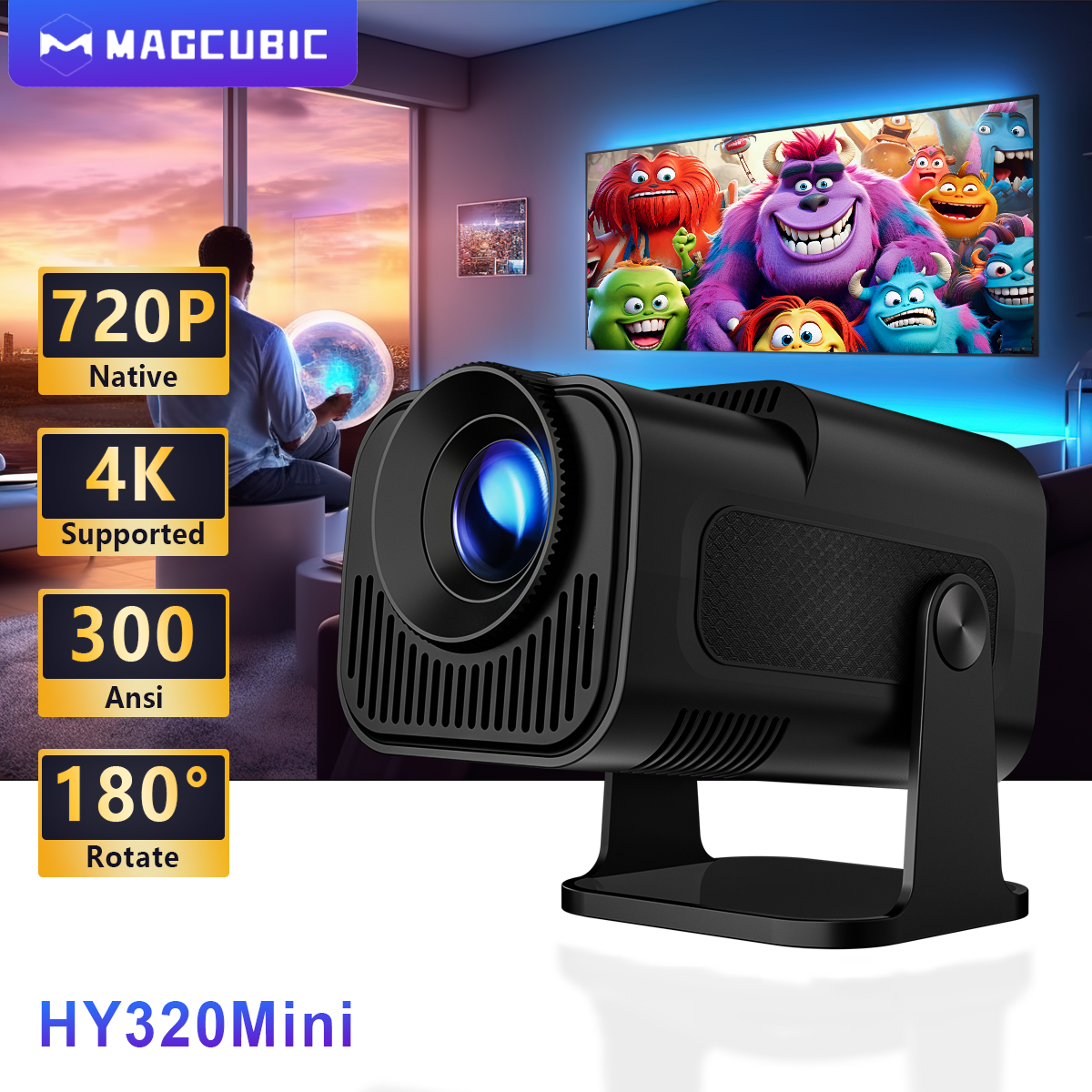 Magcubic HY320 Mini Newly Native 720P Android 11 4K Projector 300ANSI Wifi6 BT5.0 Cinema Outdoor Portable 180° Rotable Projector