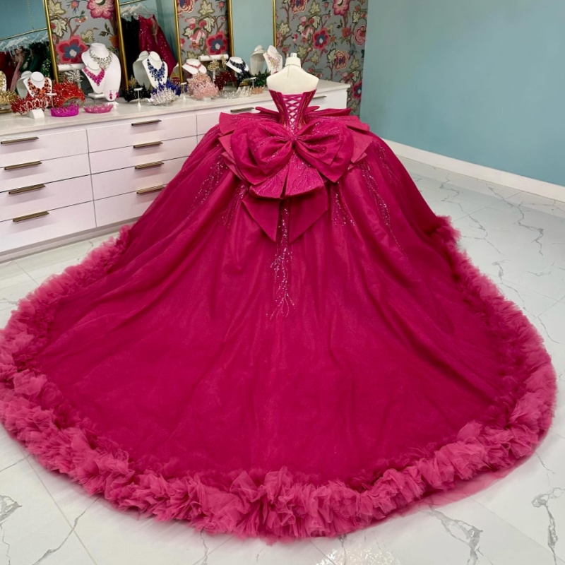 Rose Red Quinceanera Dresses Ball Gown Off The Shoulder Beading Crystal Tiered Tull Bow Party Birthday Sweet 16 Dress Vestidos 15 Anos