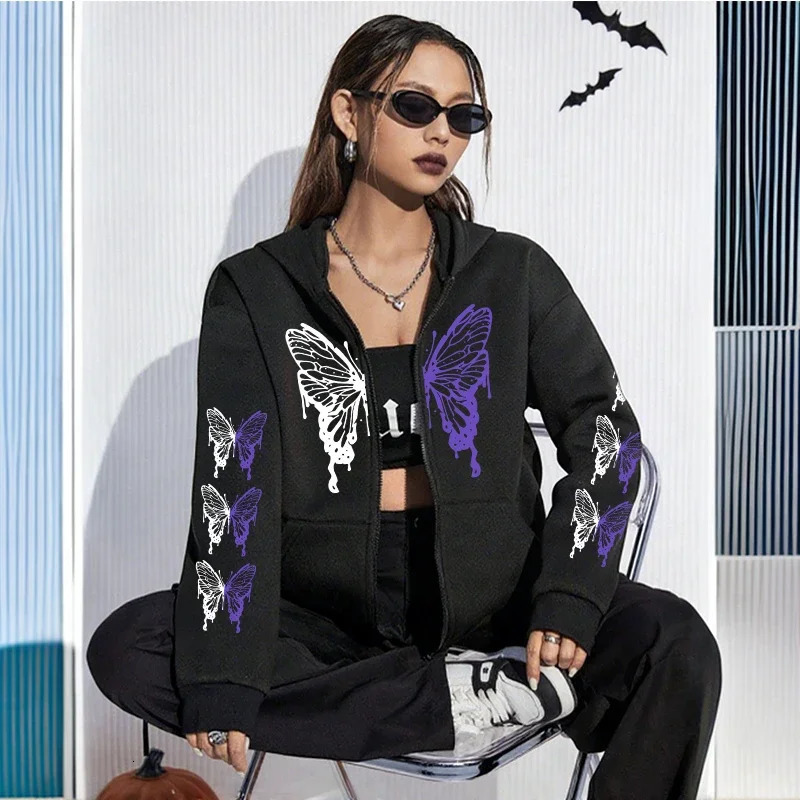 Arrival Womens Hoodie High Grade Butterfly Printed Zipup Sweatshirts All Season Female Urban Casual Fashion Y2K Coats 250729