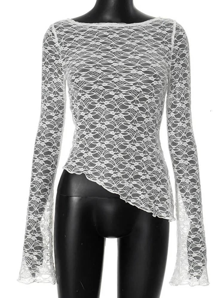 Spring And Summer Womens Solid Color Lace Slant Hem Sexy Long Sleeve TShirt Top Fashion Spice Girl Tops 250729