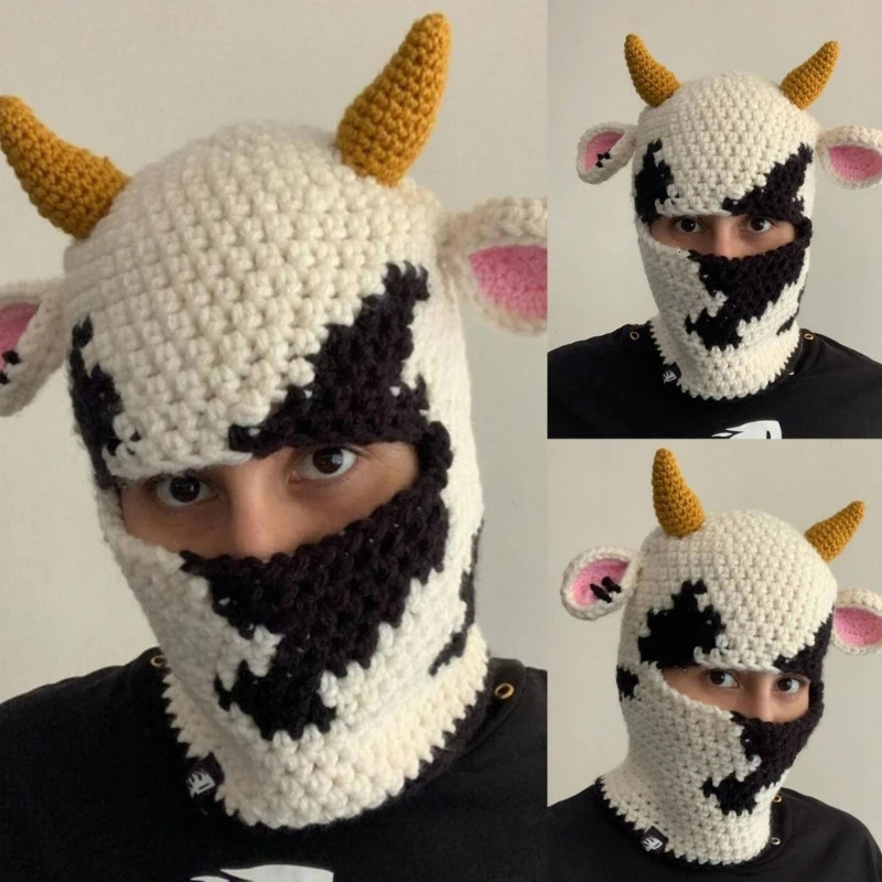Novelty Ox Horn Knit Balaclava for Women and Men Winter Warm Face Cover Hat Adult Halloween Party Costume Beanie 250724