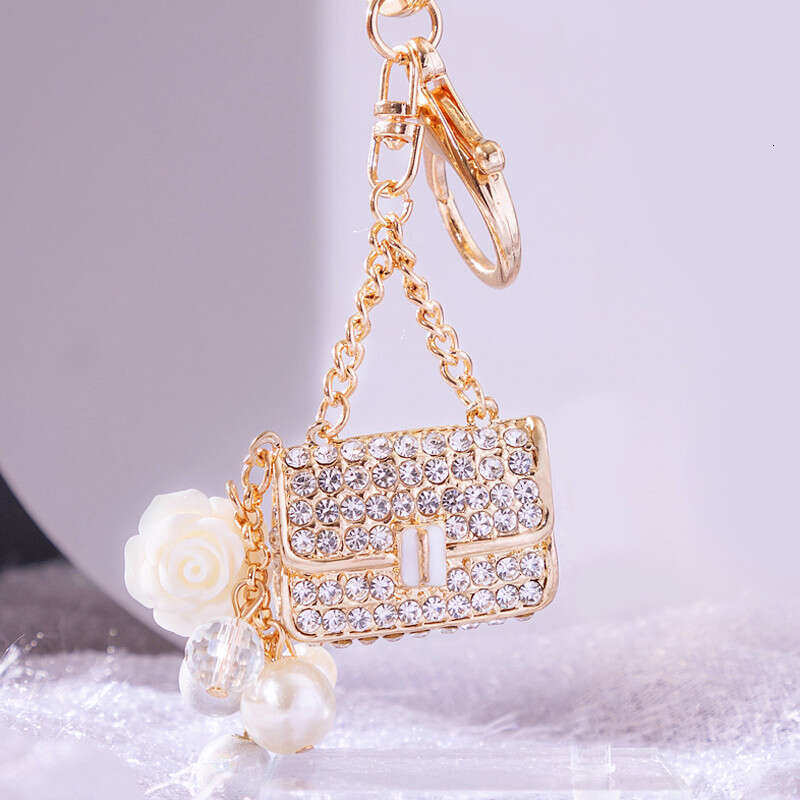 Pearl Chanel Style Crossbody Car Keychain Women's Bag Pendant Metal Key Ring with Inlaid Diamonds Small Gift